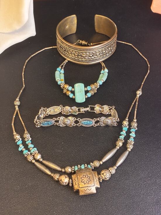 Boho Jewelry - Vintage Southwestern Jewelry Lot Necklace Bracelet Cuff Faux Turquoise Boho